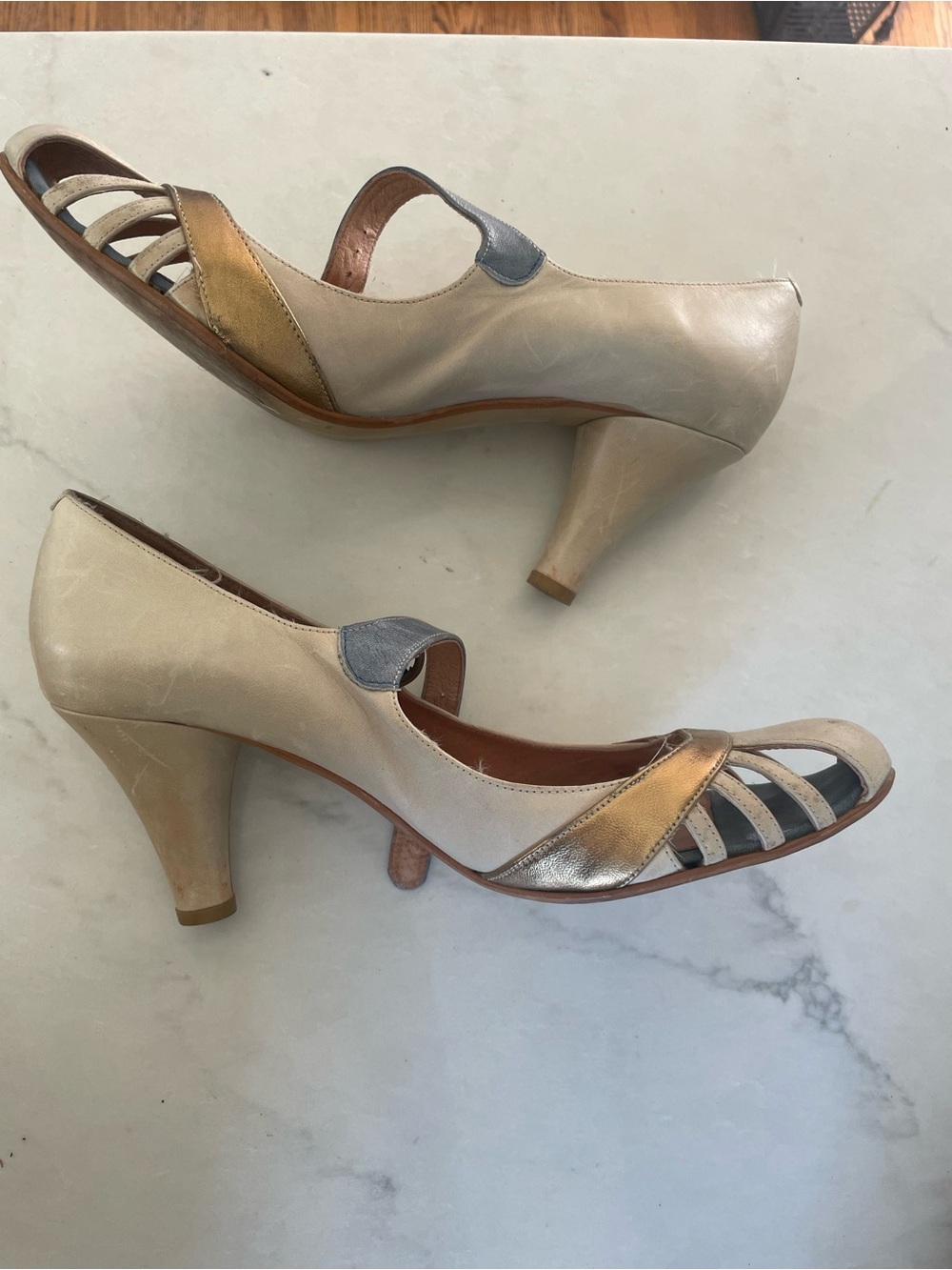 Jeffrey Campbell Ivory Leather Heels with Gold & Silver Accents - size 41